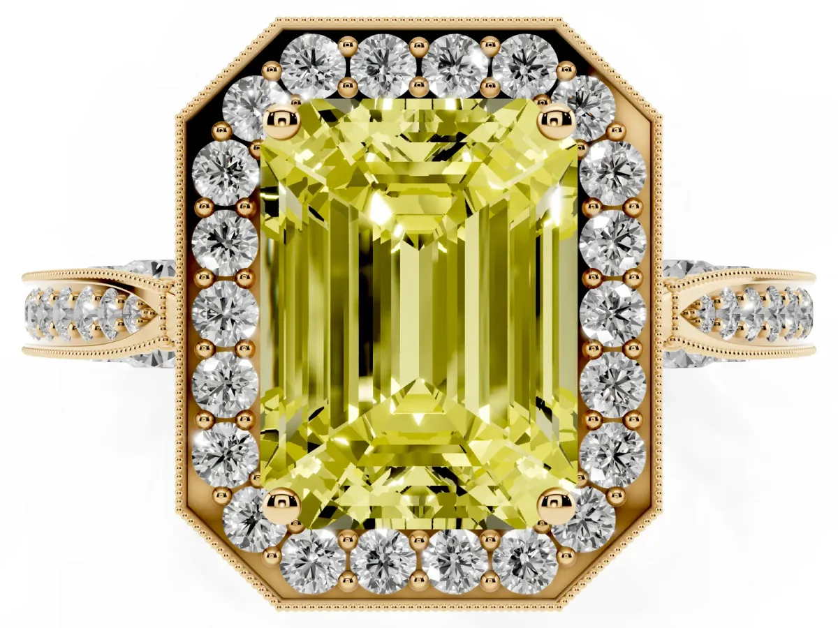 Fancy Yellow Emerald Cut Halo Diamond Engagement Ring with Split Shank Band and Four-Prong Setting Yellow gold