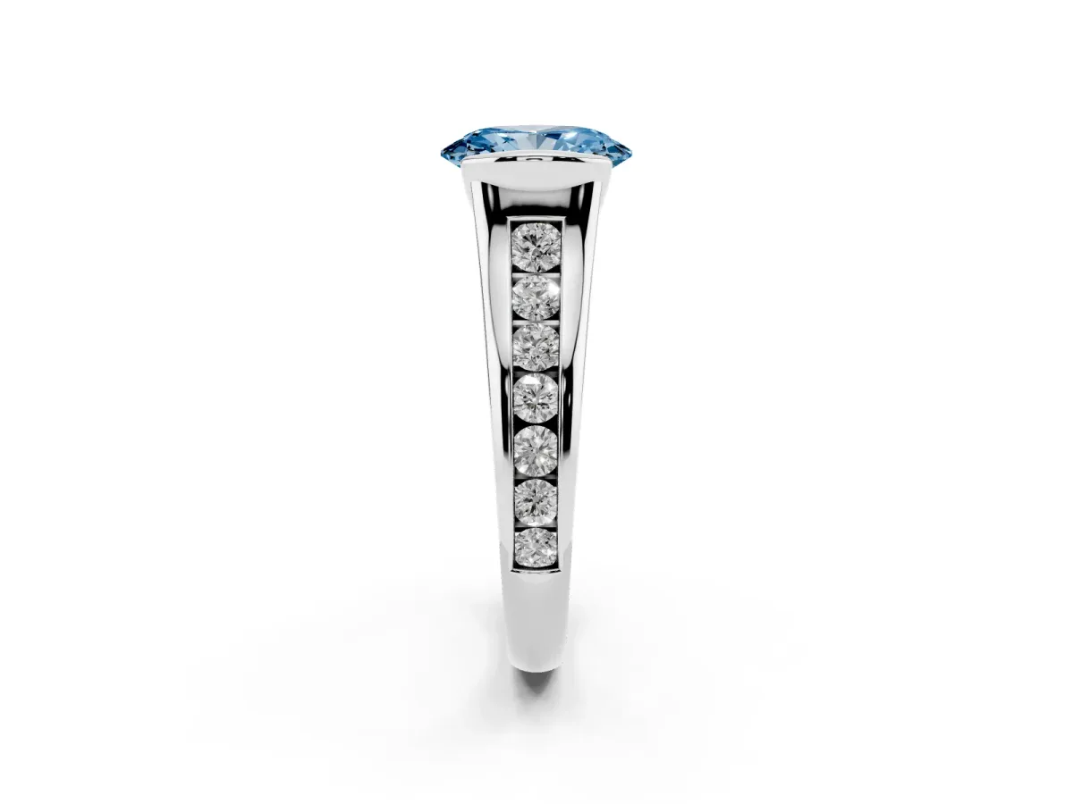 Fancy Blue Oval Cut Solitaire Bezel-Set Diamond Ring with Channel-Set Band Platinum