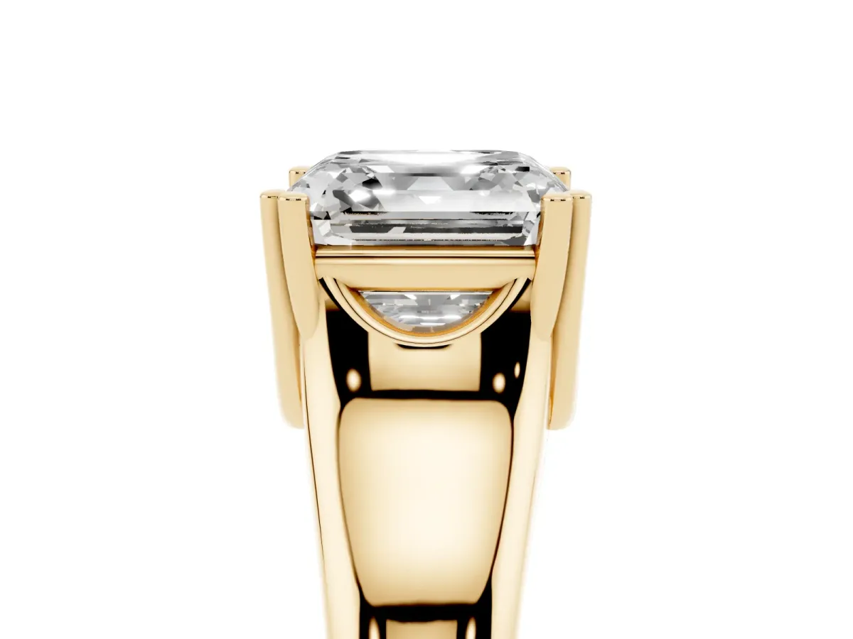 Asscher Cut Diamond Solitaire Ring with Wide Band and Prong Setting Yellow gold