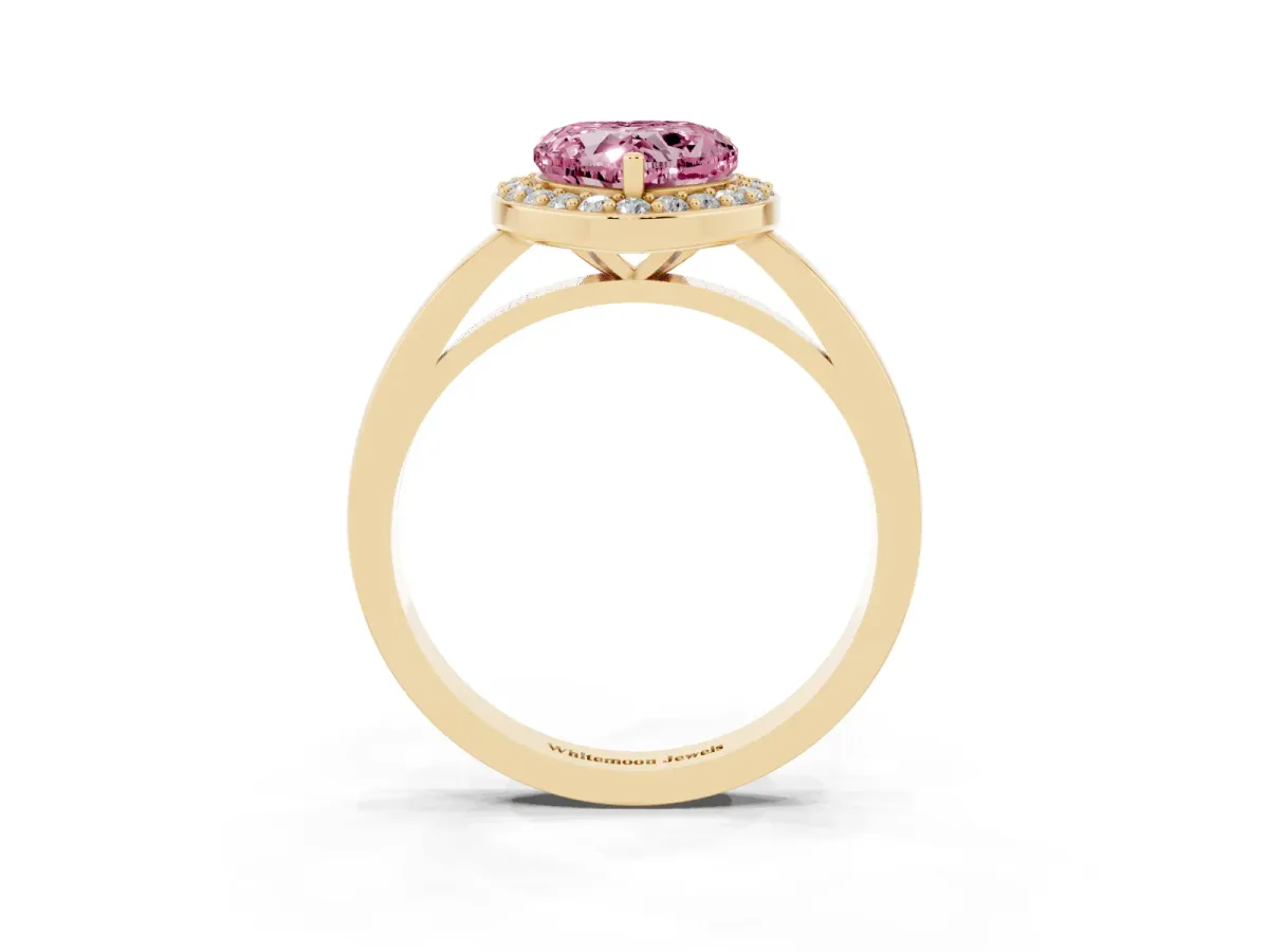 Fancy Pink Heart Cut Halo Diamond Ring with Solitaire Band and Prong Setting Yellow gold