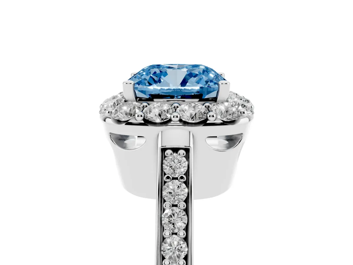 Fancy Blue Cushion Cut Diamond Floral Halo Ring with Pavé Band and Prong Setting White gold