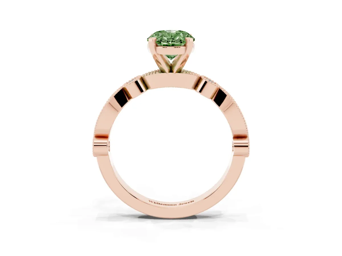 Fancy Green Oval Cut Milgrain Bezel Diamond Engagement Ring with Solitaire Prong Setting Rose gold