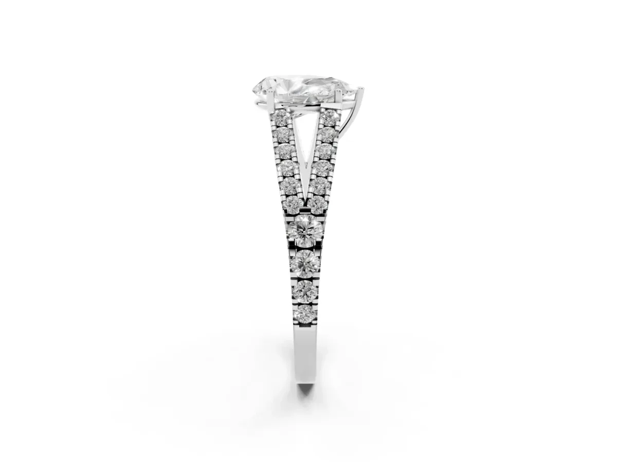 Pear Cut Diamond Split Shank Engagement Ring with Round Pavé and Prong Setting Silver