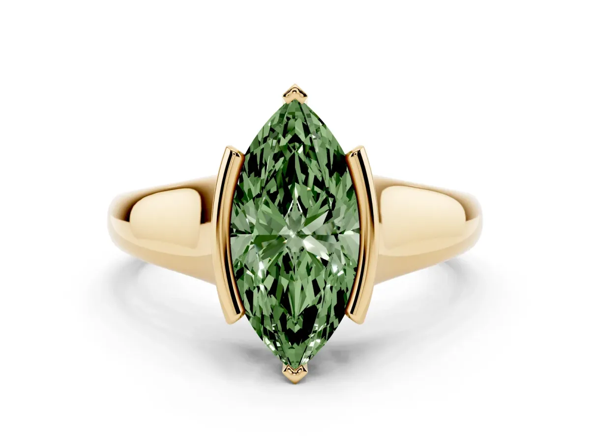 Fancy Green Marquise Cut Solitaire Tension Set Diamond Ring with Split Shank Band Yellow gold