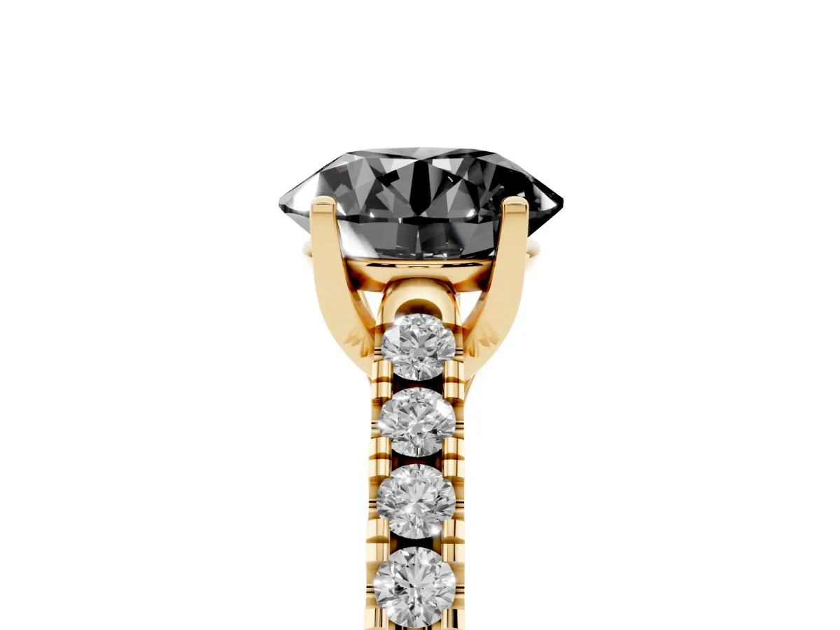 Fancy Black Round Cut Diamond Pavé Band Solitaire Ring with Prong Setting Yellow gold