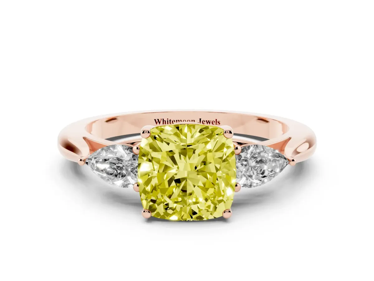Fancy Yellow Three-Stone Cushion Cut Diamond Ring with Pear Side Stones in Four-Prong Setting Rose gold