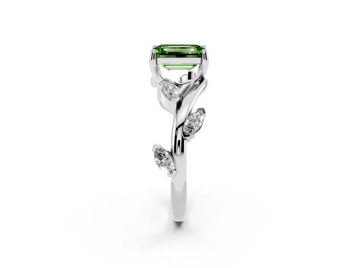 Fancy Green Emerald Cut Solitaire Twisted Band Marquise Accent Prong Setting Ring White gold