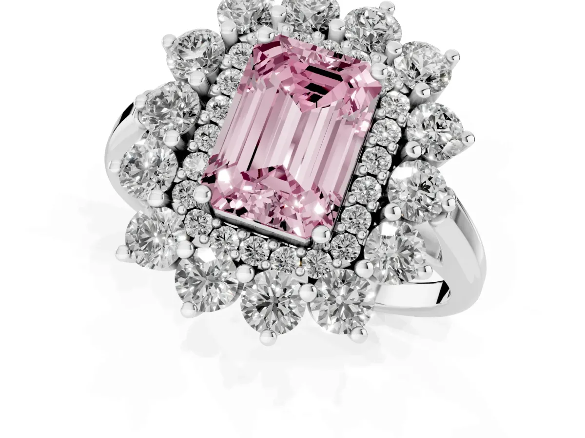 Fancy Pink Emerald Cut Diamond Floral Double Halo Engagement Ring with Prong Setting White gold
