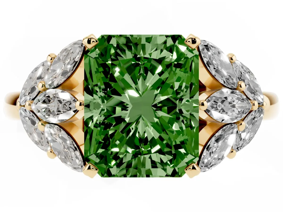 Fancy Green Radiant Cut Diamond Cluster Leaf Design Ring with Prong Setting Yellow gold