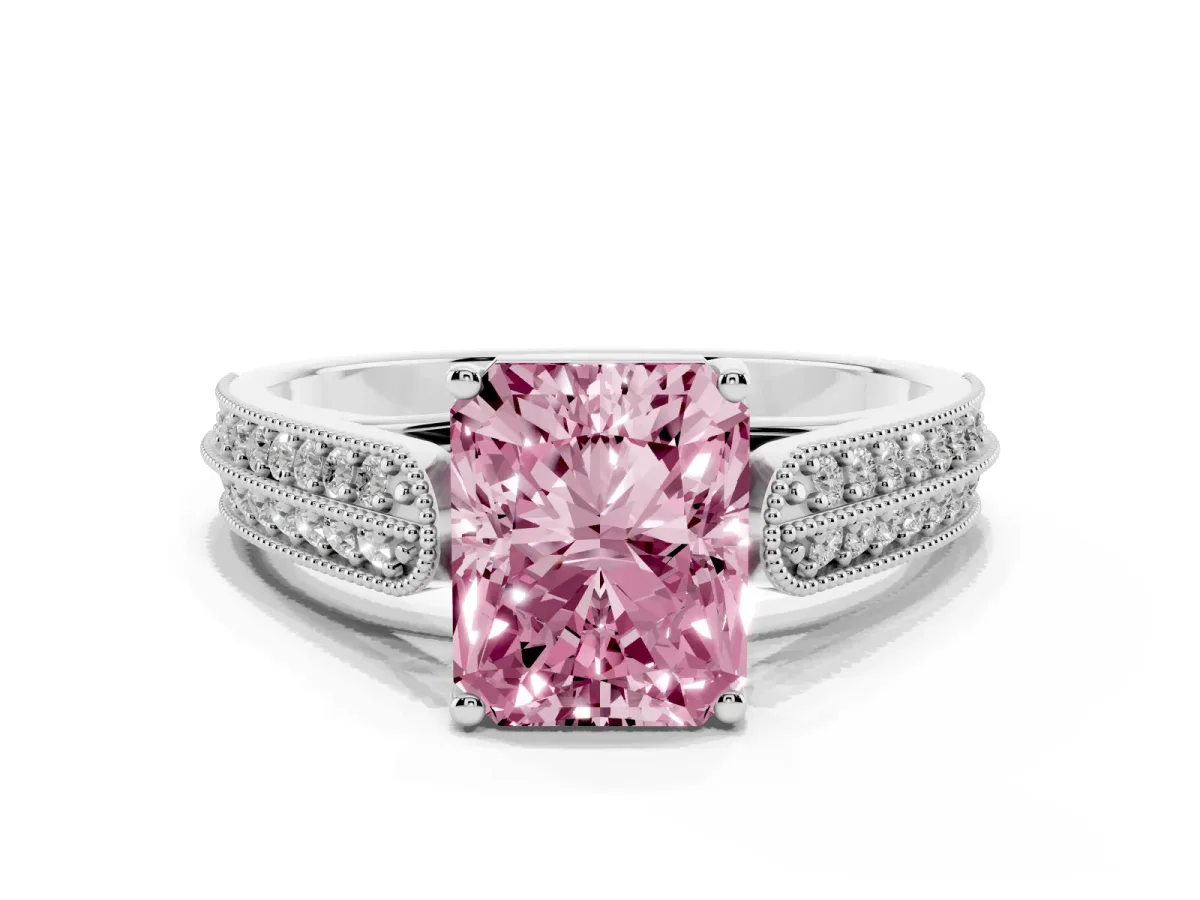 Fancy Pink Radiant Cut Cut Pave Split Shank Engagement Ring with Four-Prong Setting White gold