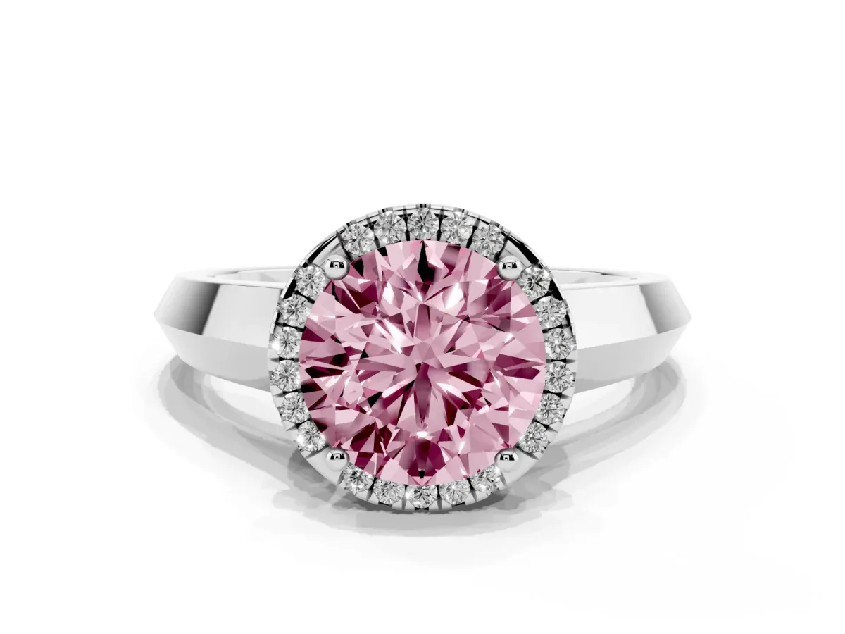 Fancy Pink Round Cut Halo Diamond Ring with Cathedral Band and Four-Prong Setting White gold
