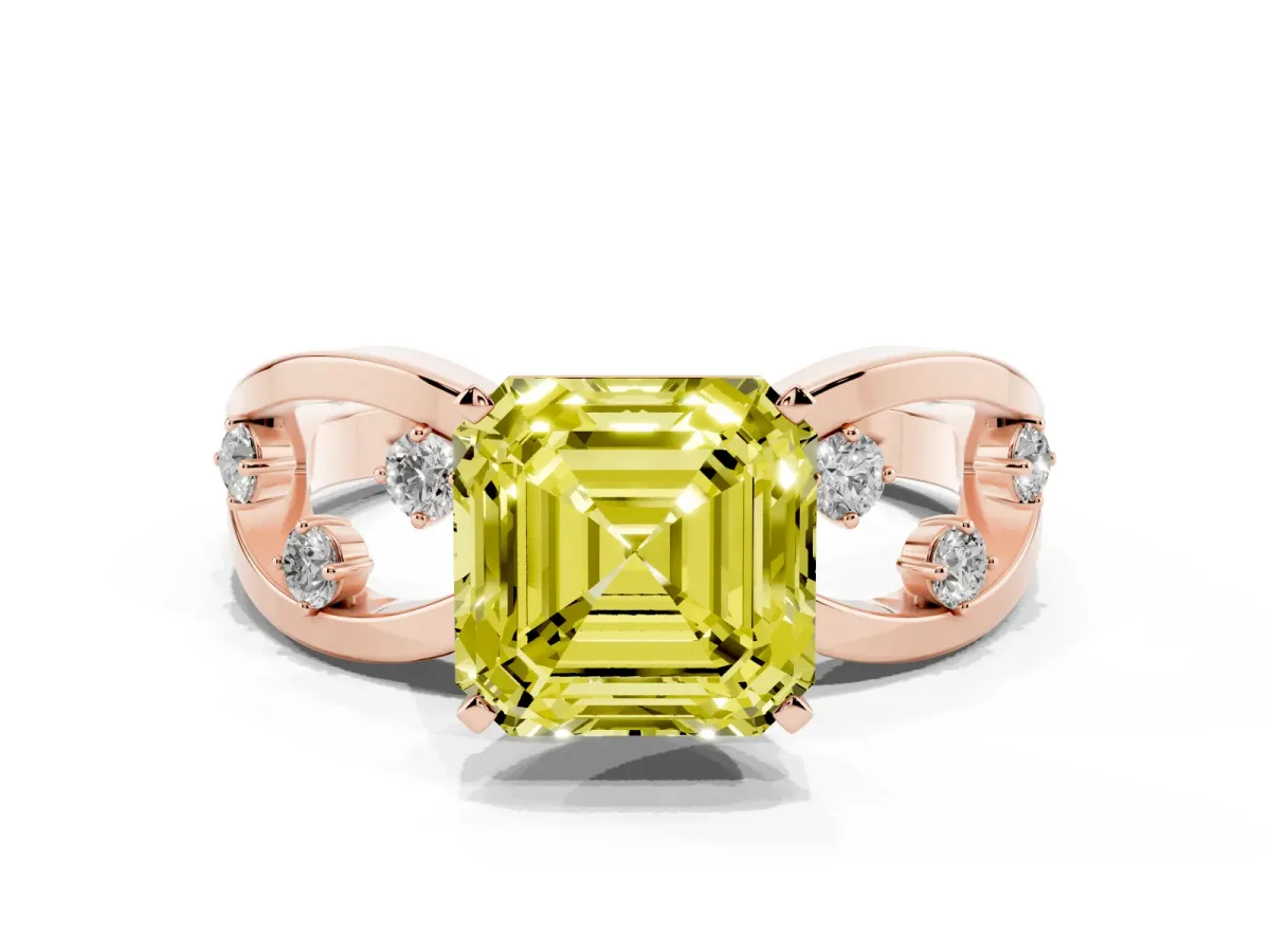 Fancy Yellow Asscher Cut Cut Solitaire Diamond with Side Stones on Criss-Cross Band and Four-Prong Setting Rose gold