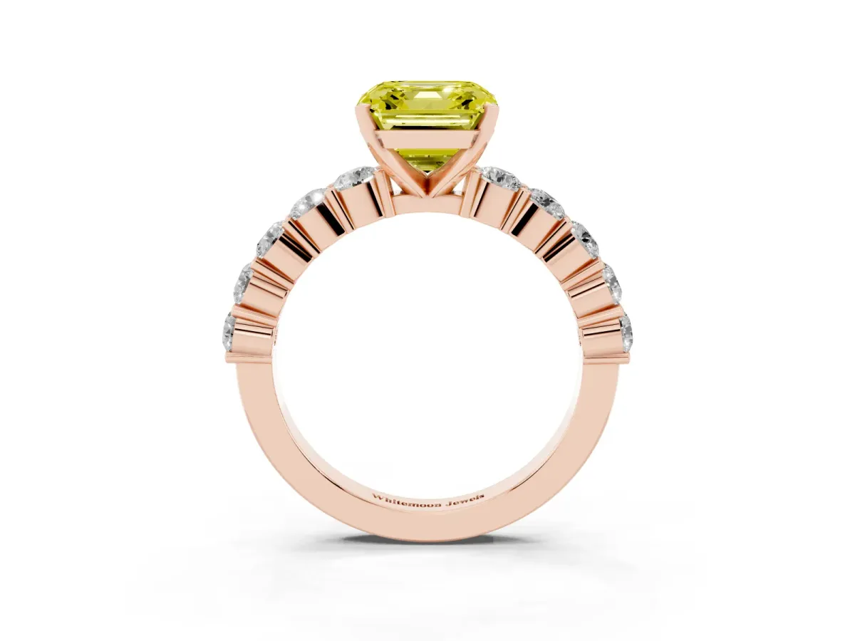 Fancy Yellow Asscher Cut Diamond Solitaire Ring with Shared Prong Round Side Stones Rose gold