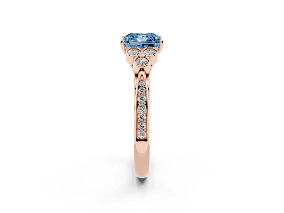 Fancy Blue Princess Cut Cut Diamond Engagement Ring with Bezel Set Round Side Stones and Prong Setting Rose gold