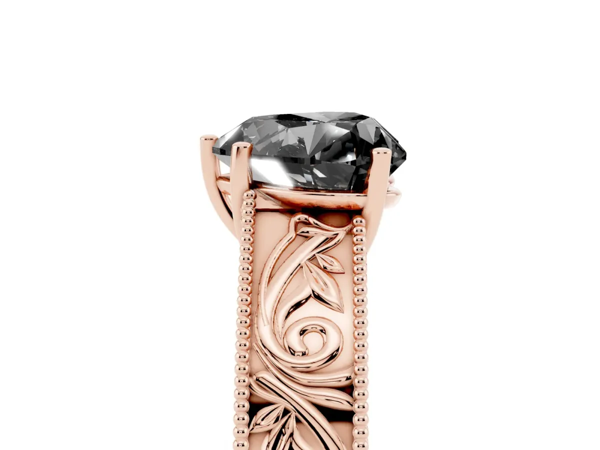Fancy Black Heart Cut Diamond Solitaire Ring with Engraved Band and Four-Prong Setting Rose gold