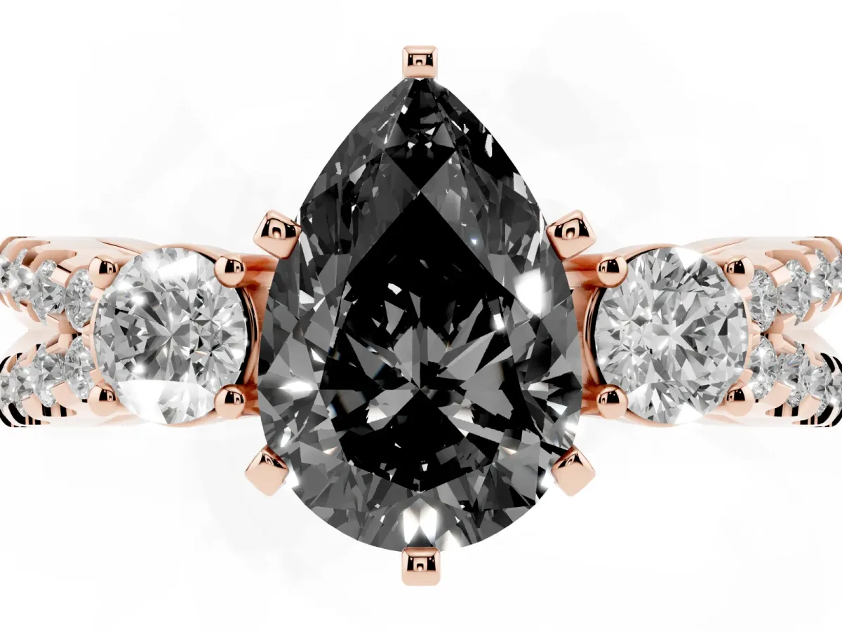 Fancy Black Pear Cut Diamond Three-Stone Ring with Pavé Split Shank and Four-Prong Setting Rose gold