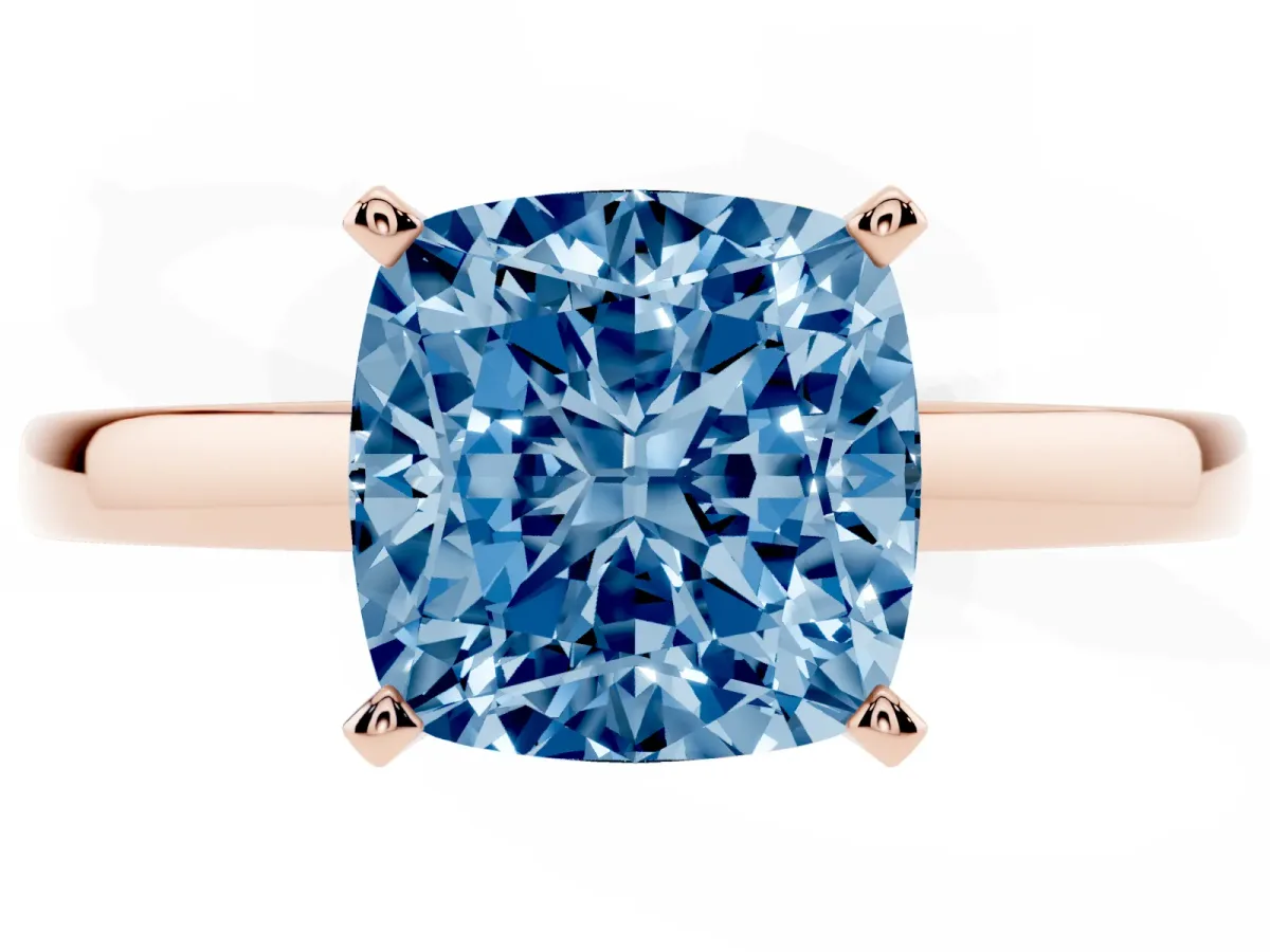Fancy Blue Cushion Cut Solitaire Diamond Engagement Ring with Four-Prong Setting on a Classic Band Rose gold