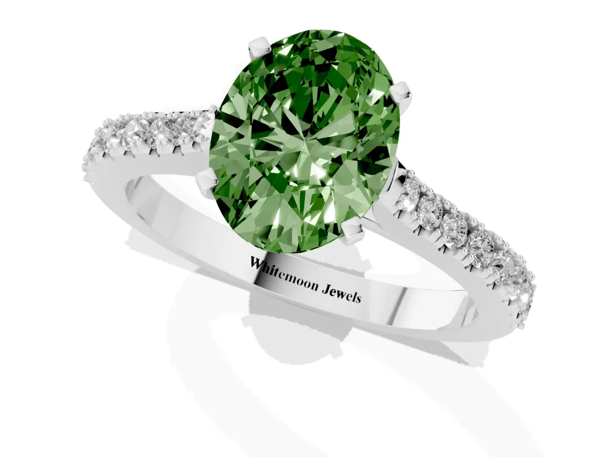 Fancy Green Oval Cut Cut Solitaire Diamond Engagement Ring with Pave Band and Four-Prong Setting Platinum