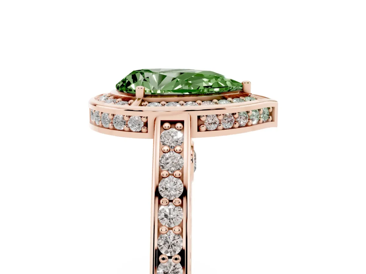 Fancy Green Pear Cut Cut Halo Pave Split Shank Prong Setting Ring Rose gold