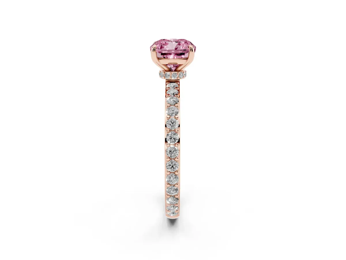 Fancy Pink Cushion Cut Diamond Solitaire Engagement Ring with Pavé Band and Four-Prong Setting Rose gold