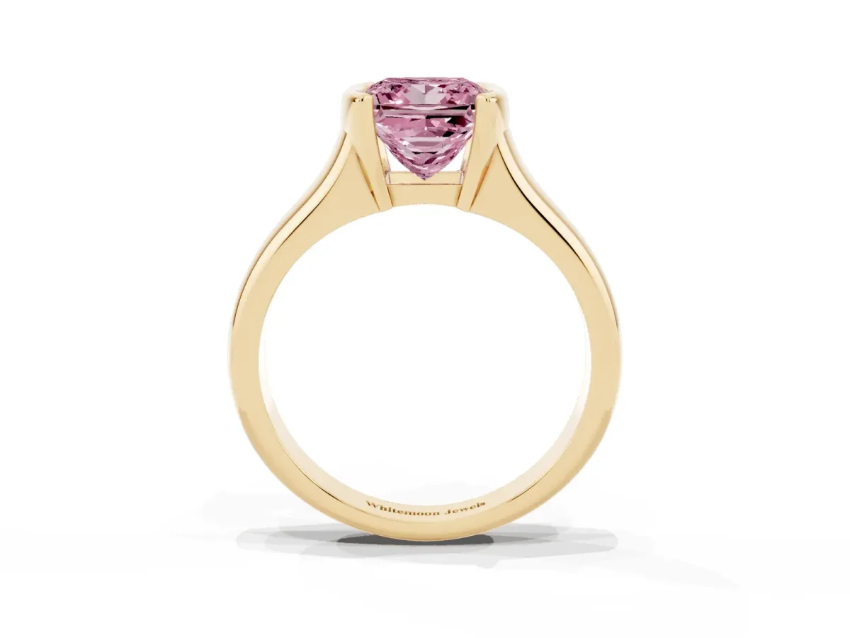 Fancy Pink Princess Cut Solitaire Tension Set Diamond Ring with Split Shank Band Yellow gold
