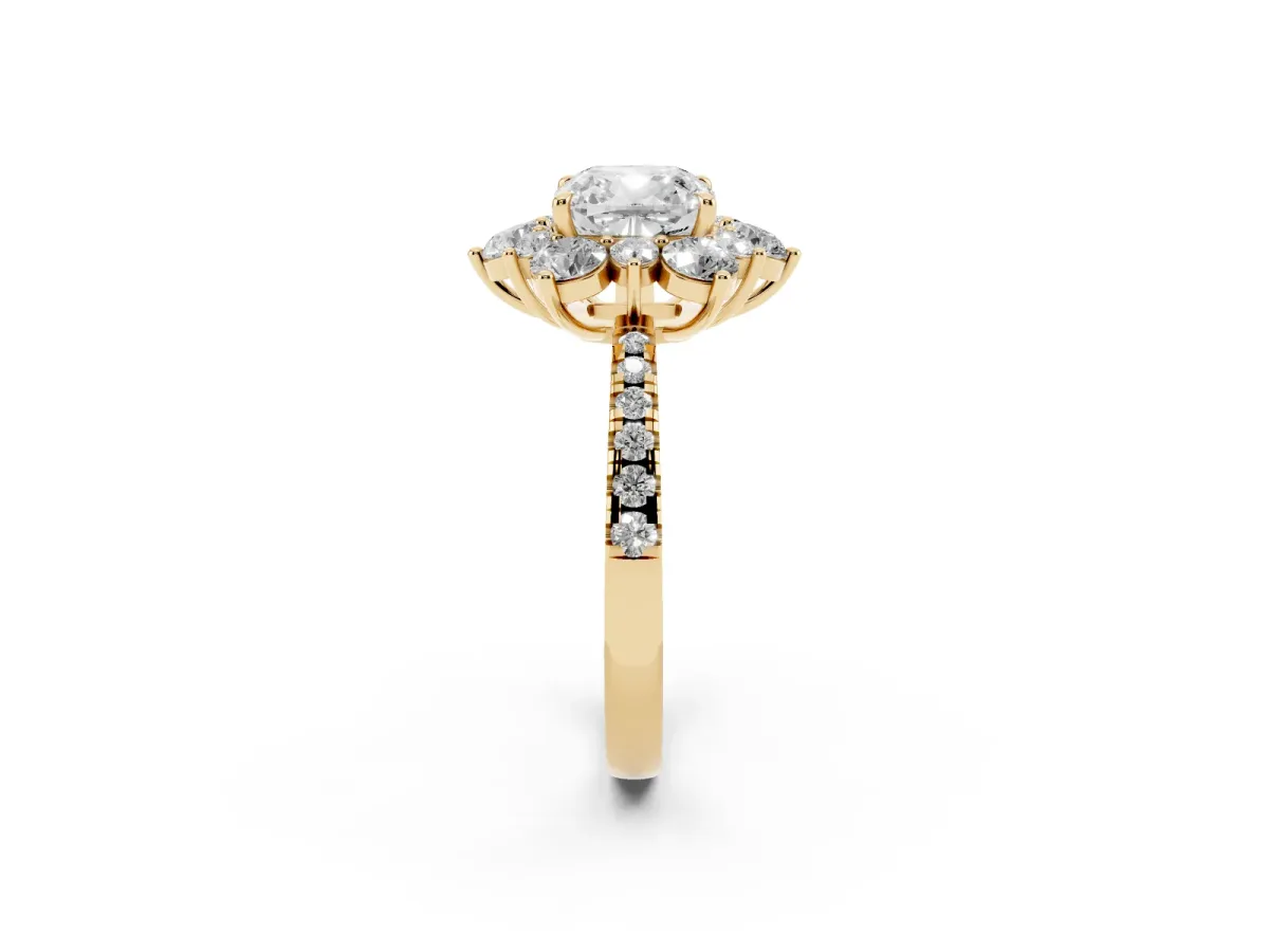 Cushion Cut Diamond Floral Halo Ring with Round Pavé Band and Prong Setting Yellow gold