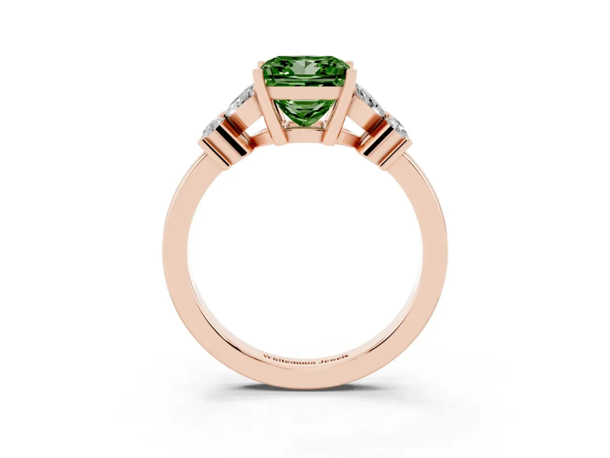 Fancy Green Princess Cut Diamond Floral Cluster Ring with Solitaire Band and Prong Setting Rose gold
