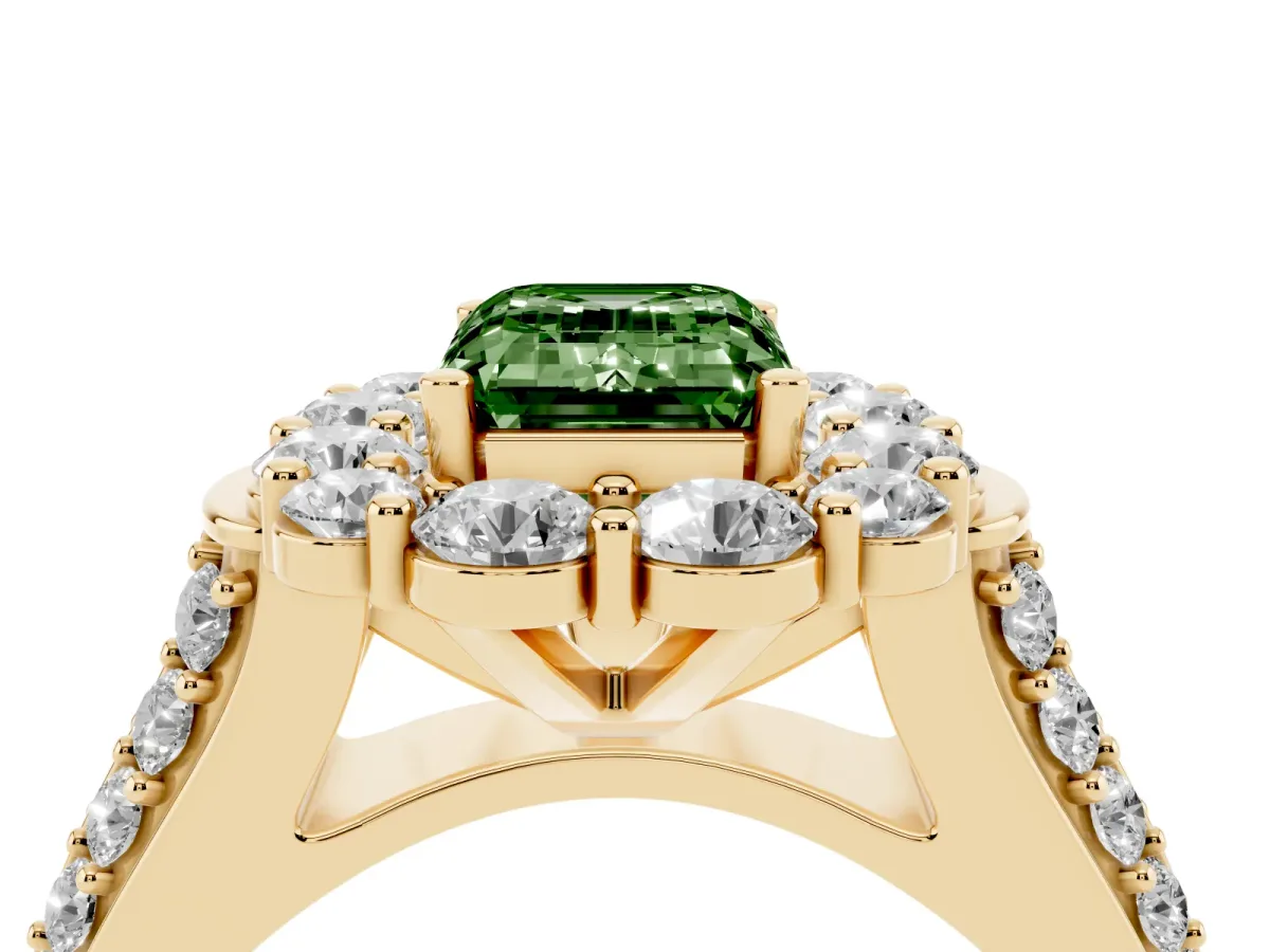 Fancy Green Emerald Cut Halo Diamond Engagement Ring with Split Shank and Prong Setting Yellow gold