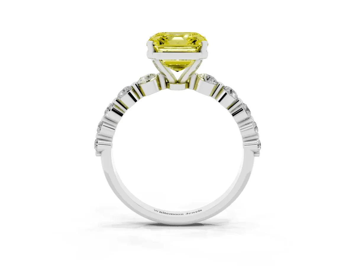 Fancy Yellow Asscher Cut Solitaire Diamond Ring with Pave Band and Four-Prong Setting Silver