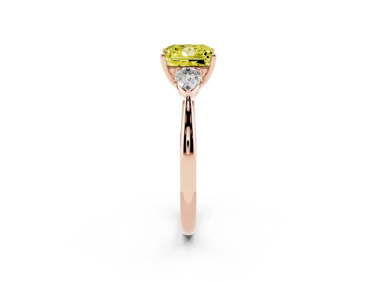 Fancy Yellow Princess Cut Diamond Three-Stone Ring with Pear Side Stones and Prong Setting Rose gold