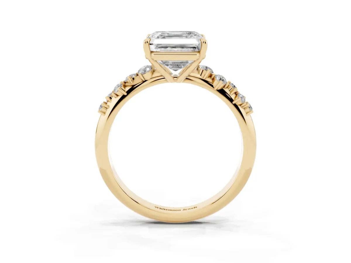 Asscher Cut Diamond Cluster Side Stone Solitaire Ring with Prong Setting Yellow gold