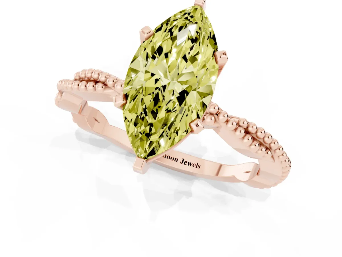 Fancy Yellow Marquise Cut Solitaire Twisted Band with Bead Prong Setting Rose gold