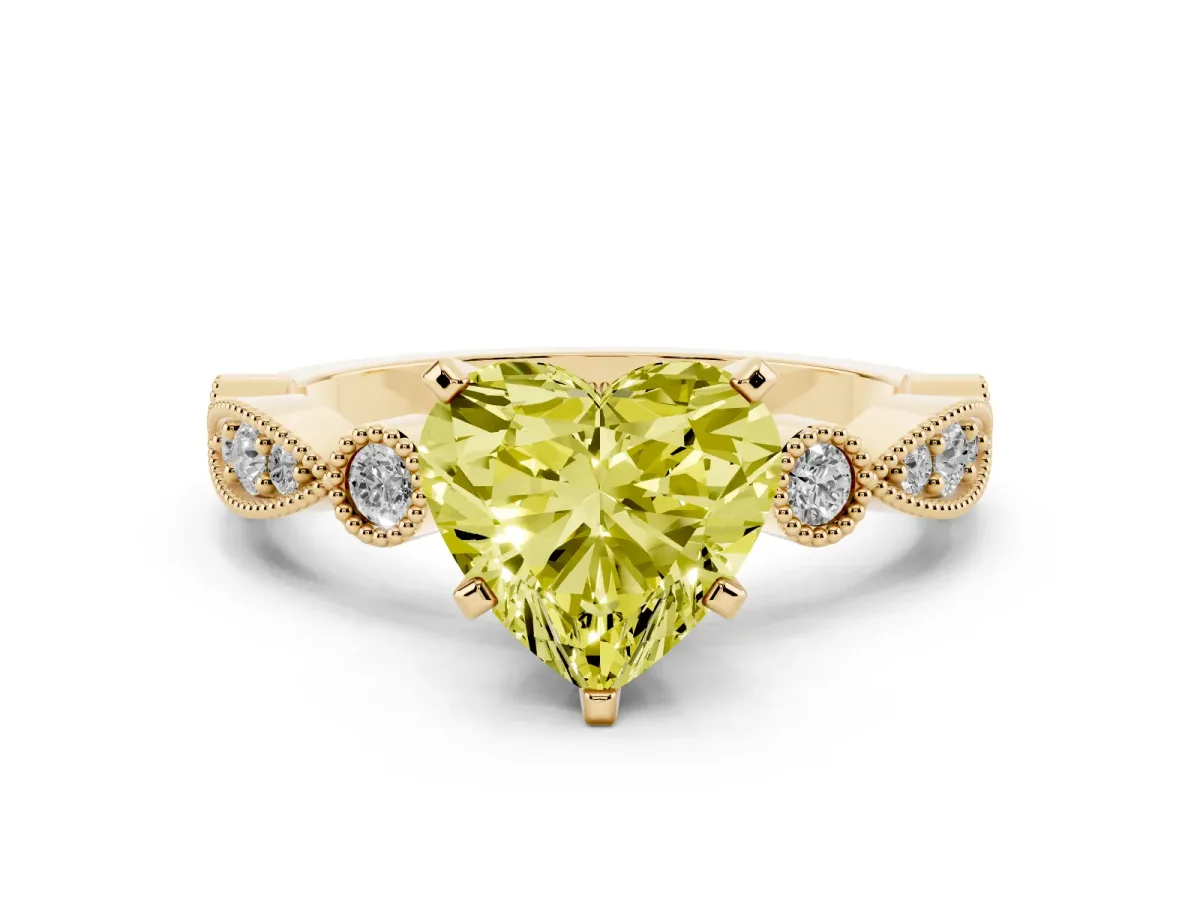 Fancy Yellow Heart Cut Milgrain Bezel Diamond Engagement Ring with Solitaire Prong Setting Yellow gold