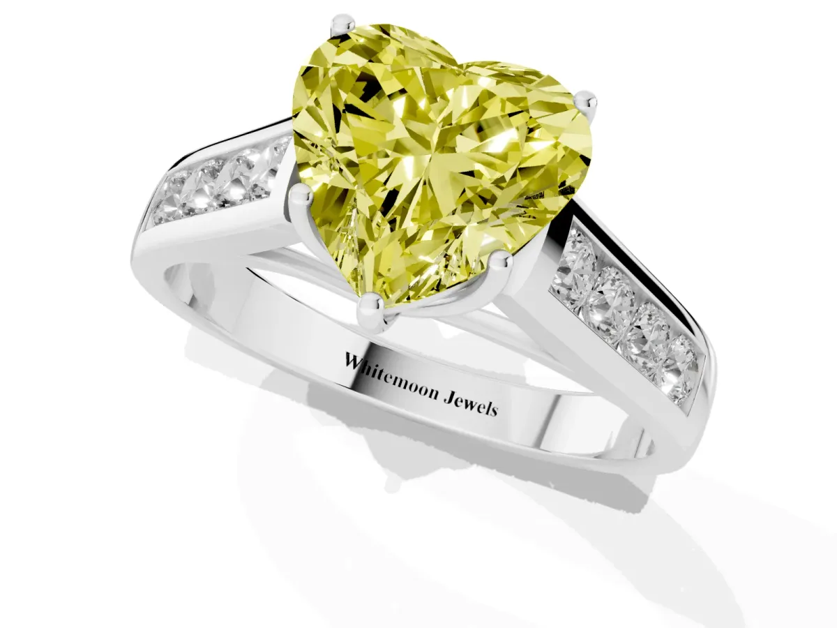 Fancy Yellow Heart Cut Brilliant Channel-Set Solitaire Ring with Four-Prong Setting Silver
