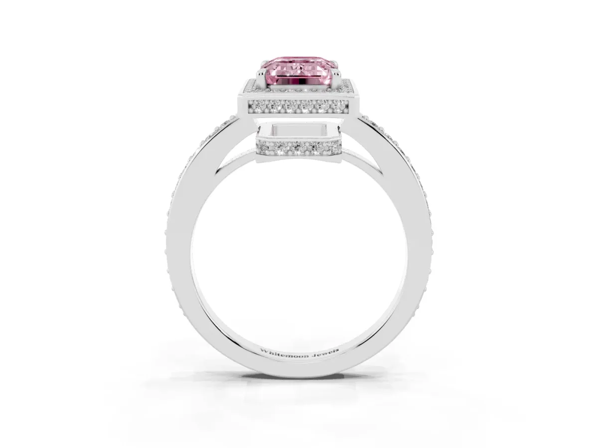 Fancy Pink Emerald Cut Halo Pave Band Solitaire Ring with Prong Setting Silver