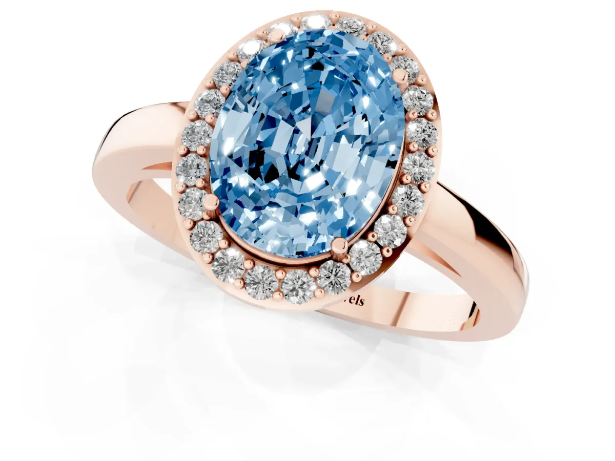 Fancy Blue Oval Cut Halo Diamond Ring with Solitaire Band and Prong Setting Rose gold
