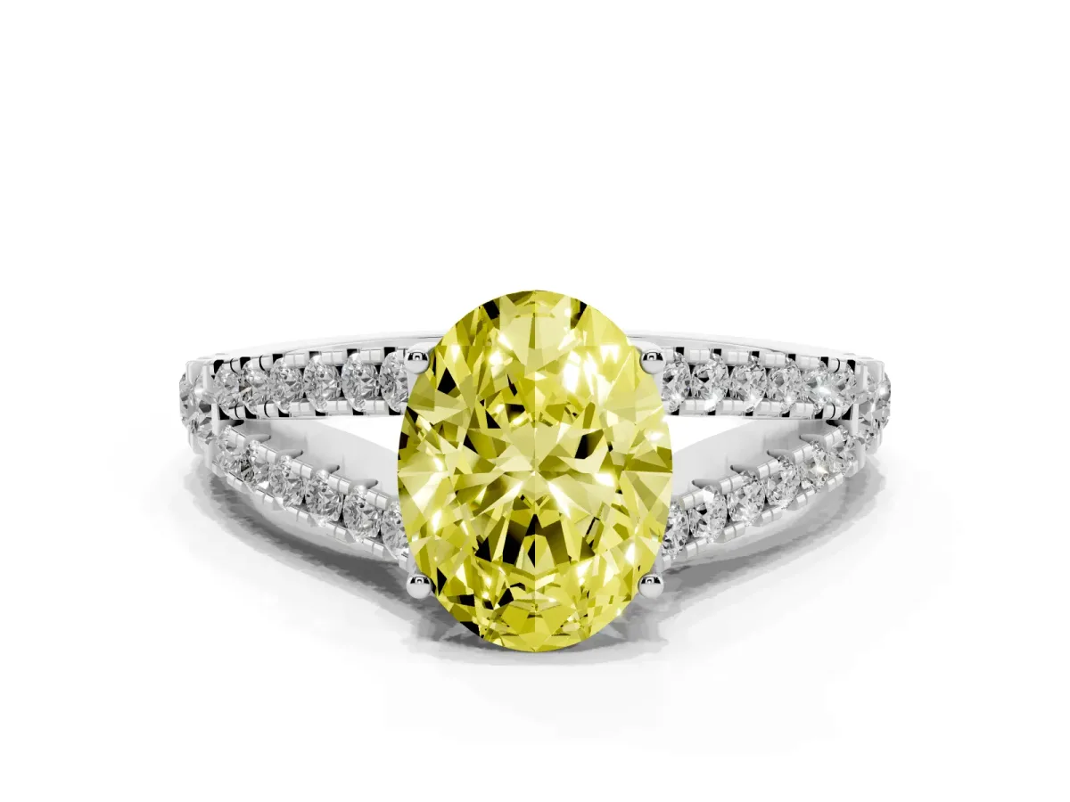 Fancy Yellow Oval Cut Diamond Split Shank Engagement Ring with Round Pavé and Prong Setting Platinum