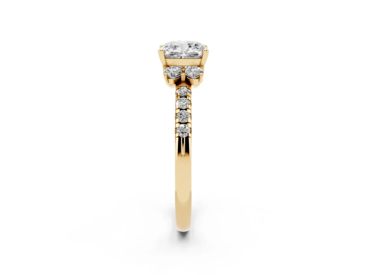 Cushion Cut Diamond Three-Stone Pave Band with Four-Prong Setting Yellow gold