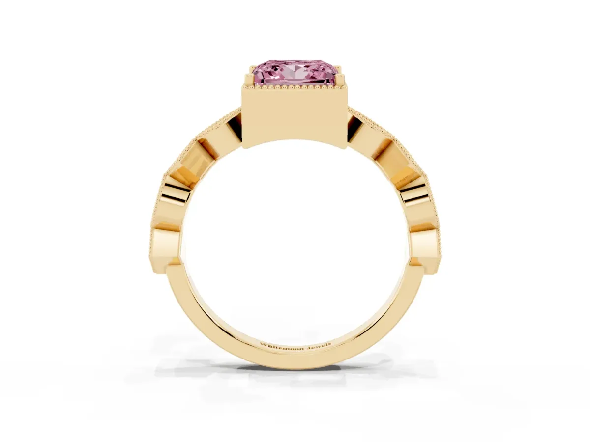 Fancy Pink Princess Cut Milgrain Marquise Diamond Twist Band Ring Yellow gold
