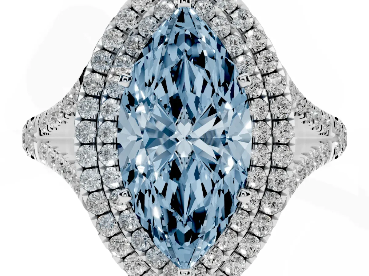 Fancy Blue Double Halo Marquise Cut Diamond Split Shank Engagement Ring with Four-Prong Setting Silver