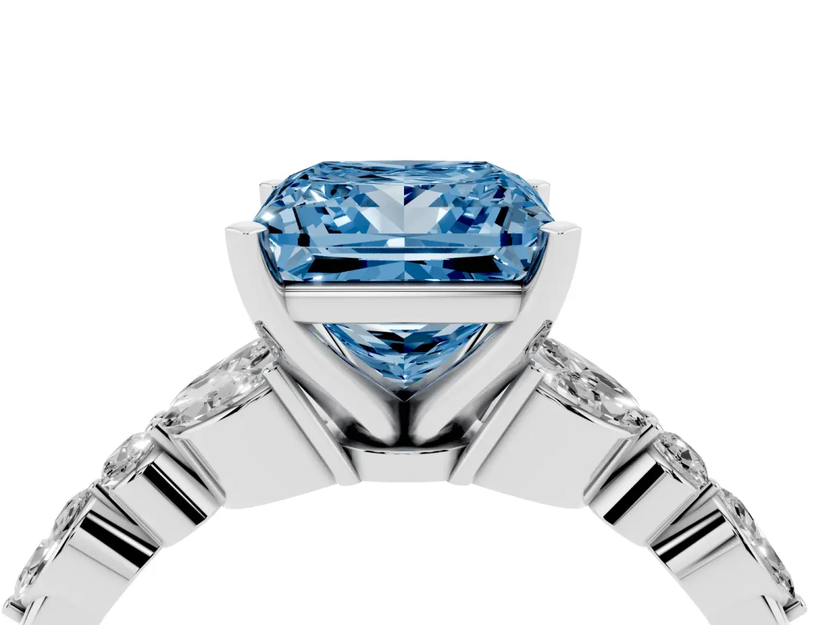 Fancy Blue Princess Cut Diamond Solitaire Ring with Side Stones and Four-Prong Setting Platinum