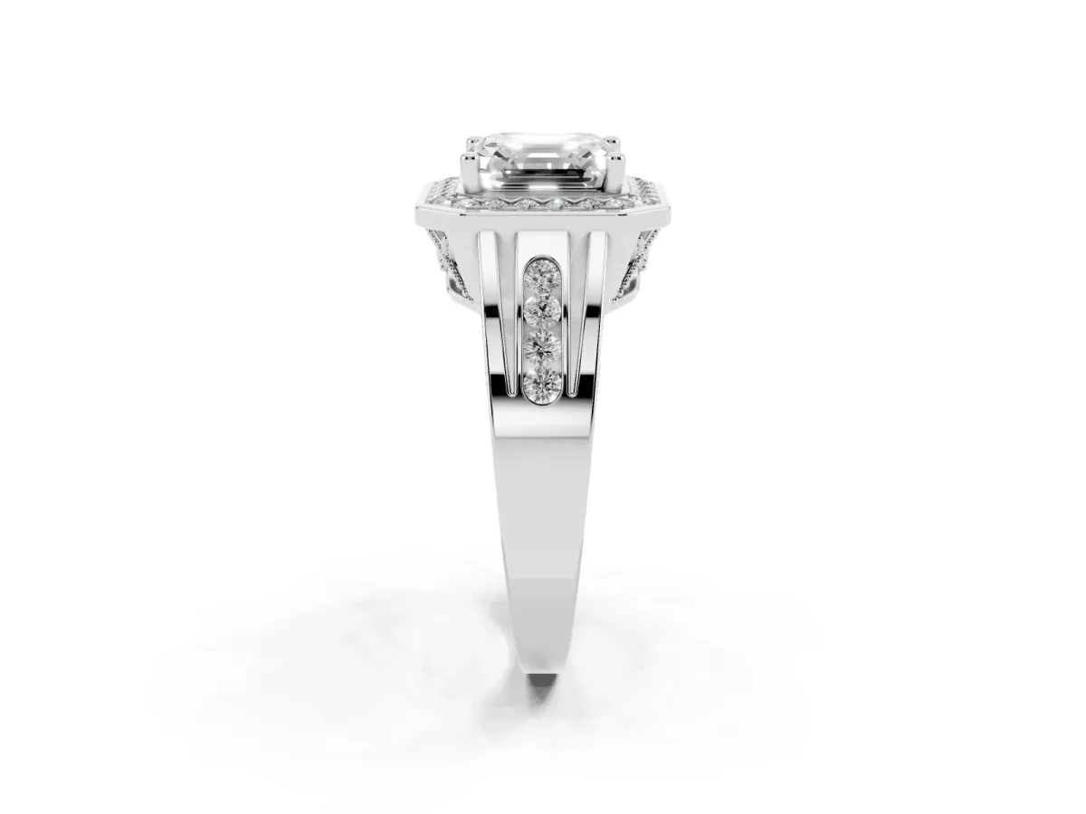 Asscher Cut Diamond Halo Ring with Split Shank and Bezel Accents and Prong Setting Silver