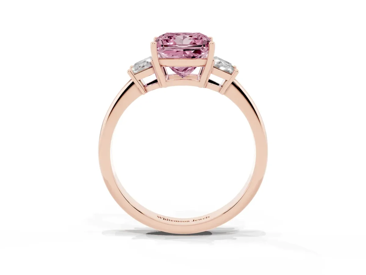Fancy Pink Princess Cut Diamond Three-Stone Ring with Trapezoid Side Stones and Prong Setting Rose gold