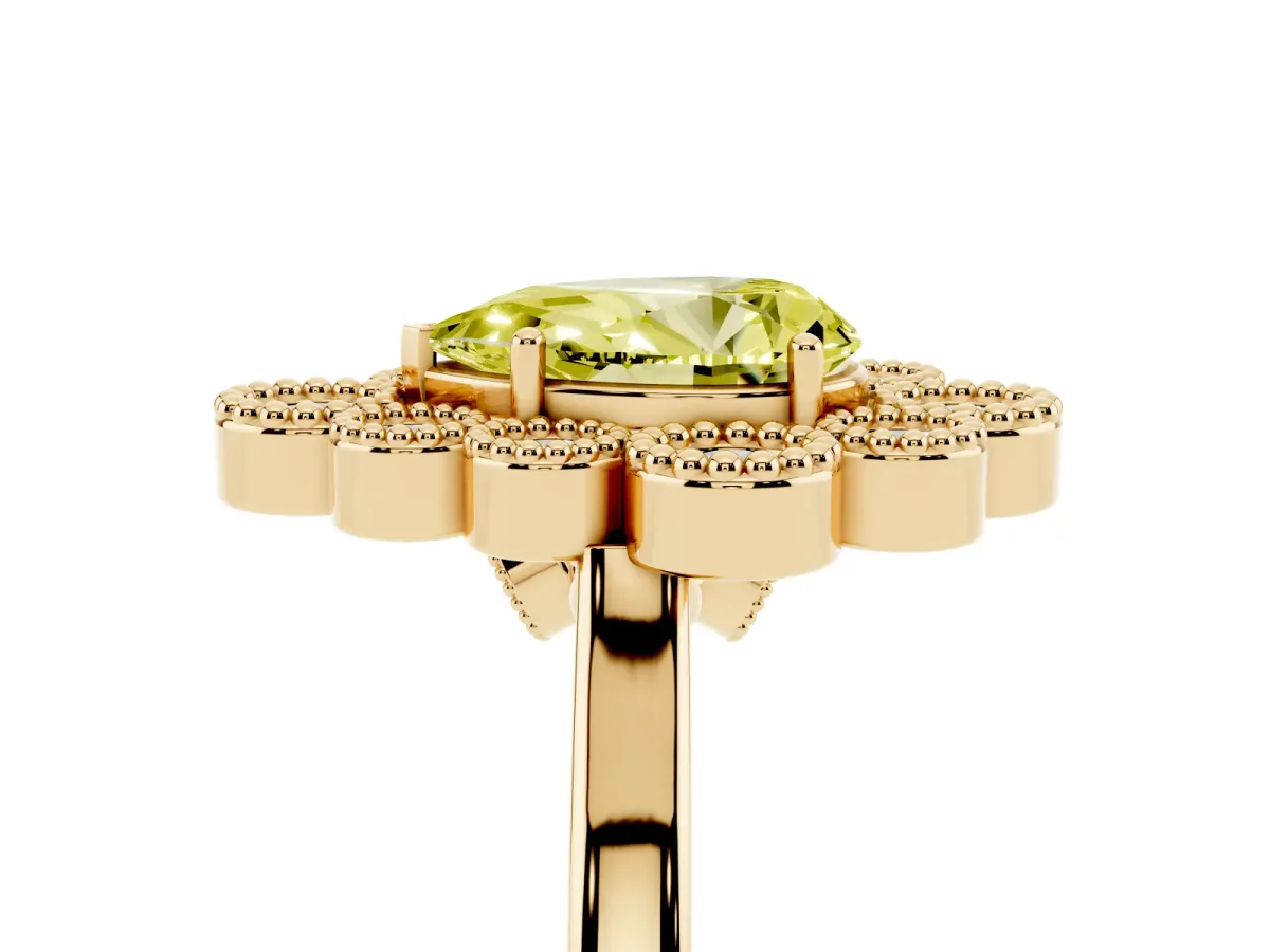 Fancy Yellow Pear Cut Halo Diamond Cluster Engagement Ring with Milgrain Bezel Setting and Solitaire Band Yellow gold