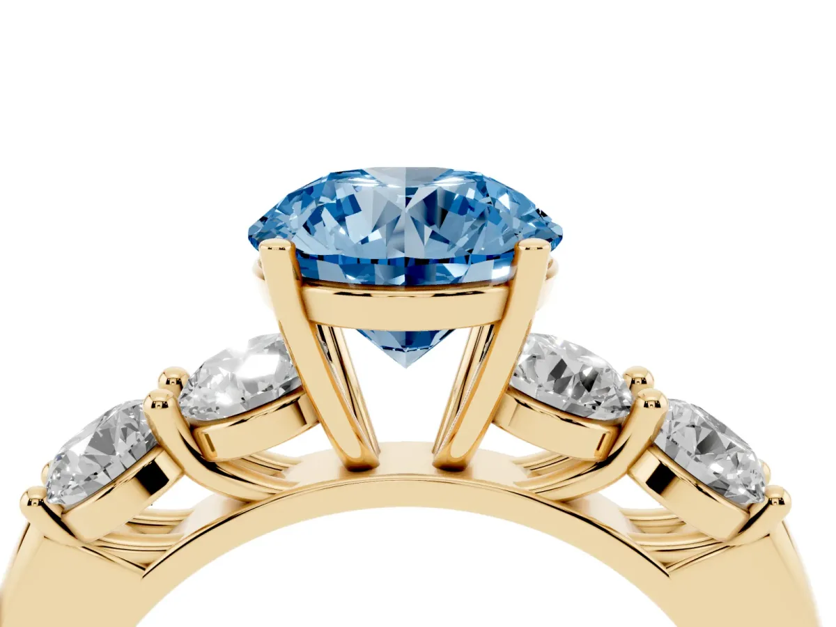 Fancy Blue Round Cut Cut Five-Stone Prong Set Diamond Ring with Classic Band Yellow gold