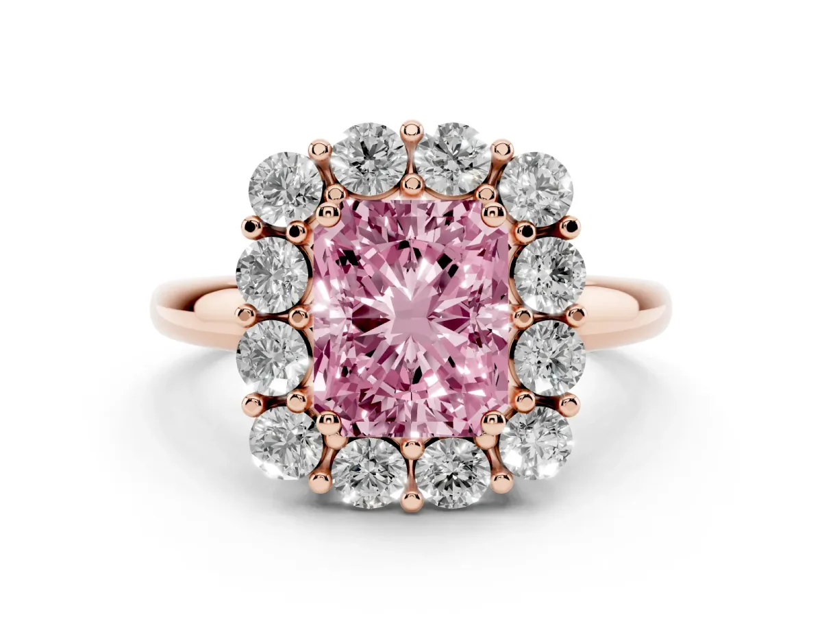 Fancy Pink Radiant Cut Halo Cluster Diamond Engagement Ring with Prong Setting and Polished Band Rose gold