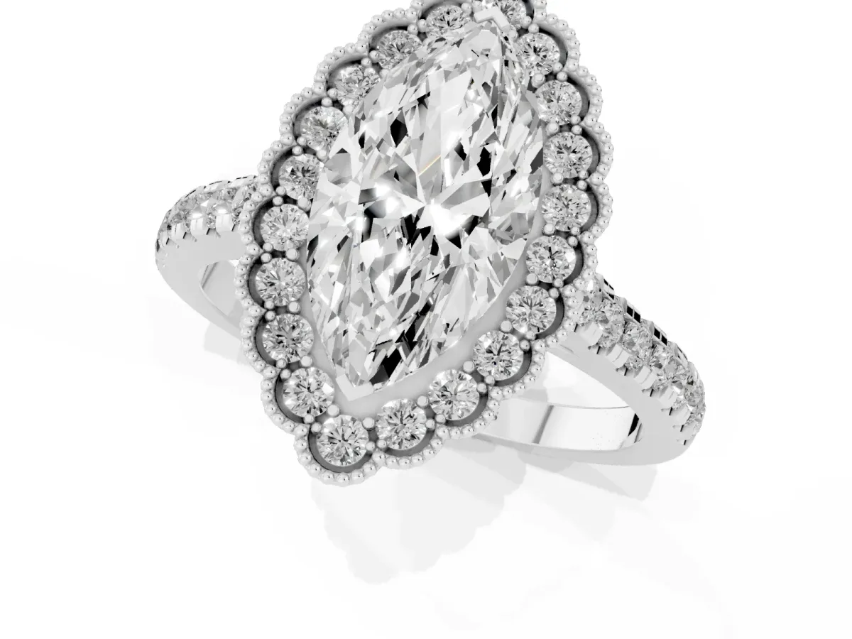 Marquise Cut Cut Diamond Milgrain Floral Halo Engagement Ring with Pavé Band Platinum
