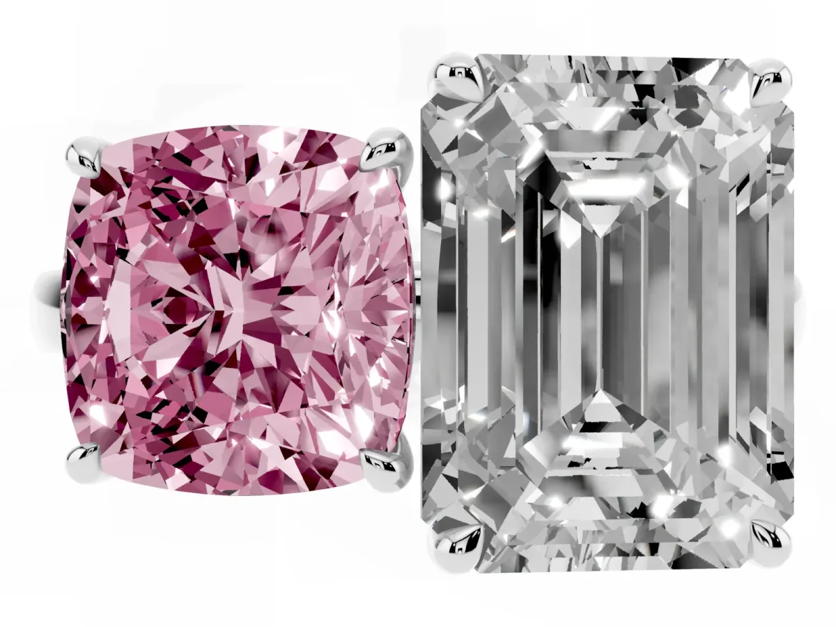 Fancy Pink Cushion Cut and Emerald Cut Toi Moi Ring with Prong Setting Silver