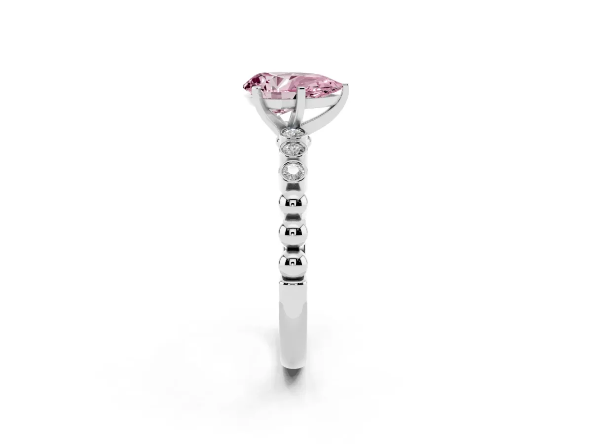Fancy Pink Pear Cut Solitaire Bezel Accent Diamond Engagement Ring with Beaded Band and Four-Prong Setting Silver