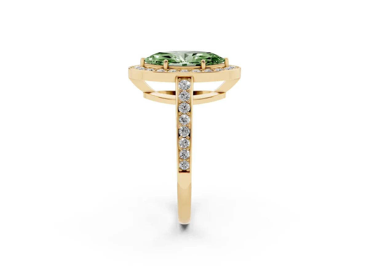 Fancy Green Marquise Cut Halo Pavé Diamond Engagement Ring with Bezel Setting Yellow gold